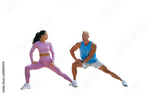 American couple in sportswear stretching, warming up against transparent background. Handsome caucasian male trainer at exercise with female client. Sport, fitness, healthy lifestyle.