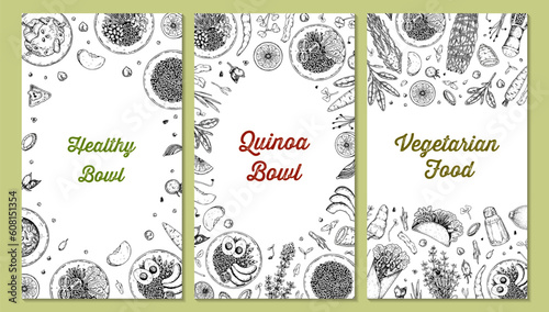 Cereal bowl background. Hand drawn vector illustration in sketch style. Restaurant menu design