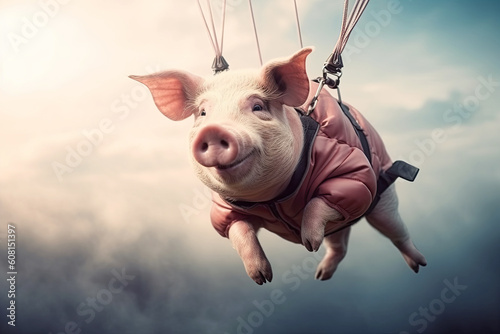 funny pig is flying on parachute in sky. Generative AI