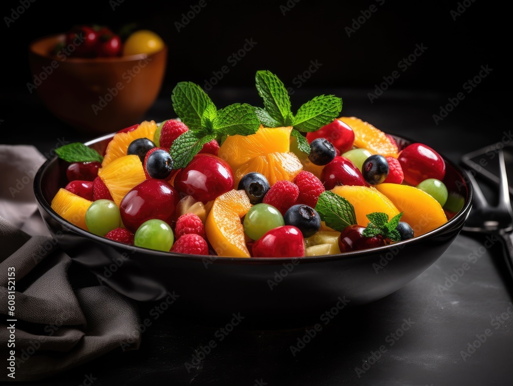 A bowl of fruit salad with a mint leaf on the side