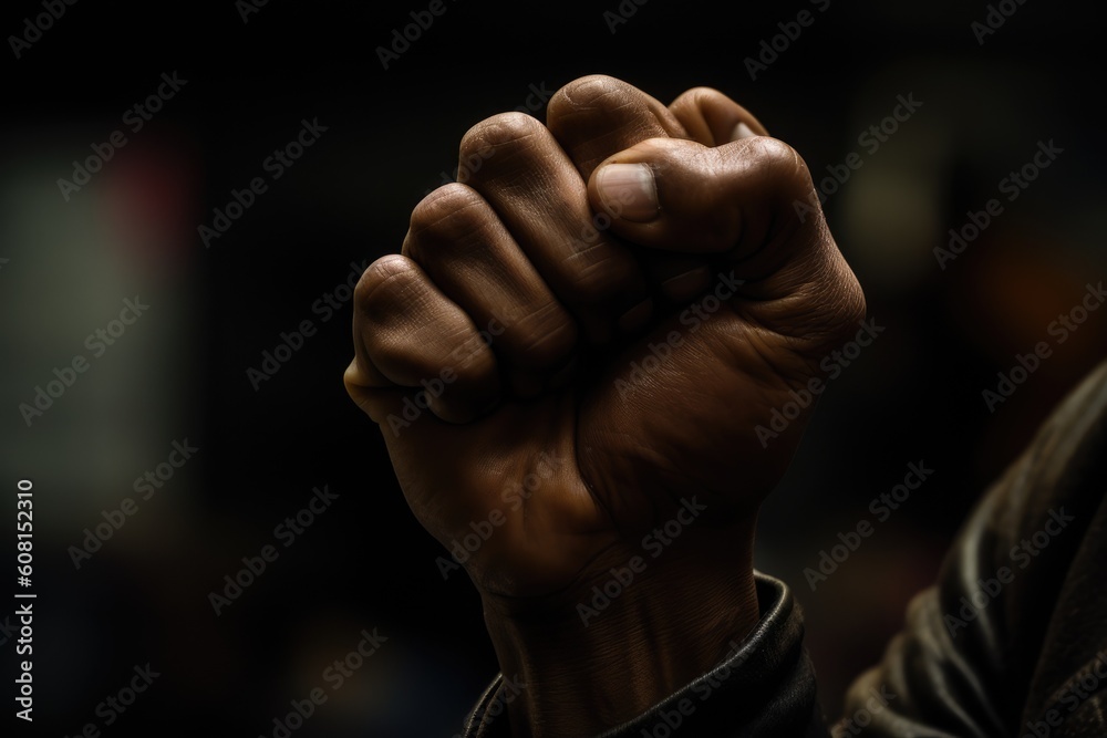 A hand with a clenched fist is held up in a fist