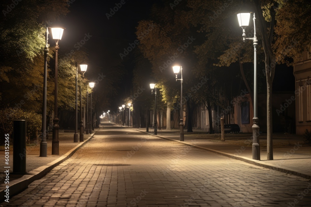 A street with a row of street lights