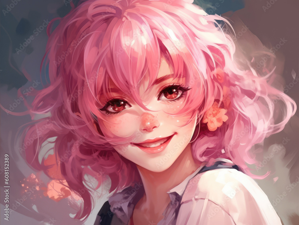 Anime girl with pink hair and a smile