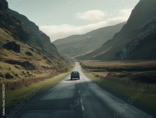 A mountain landscape with a car driving down the road