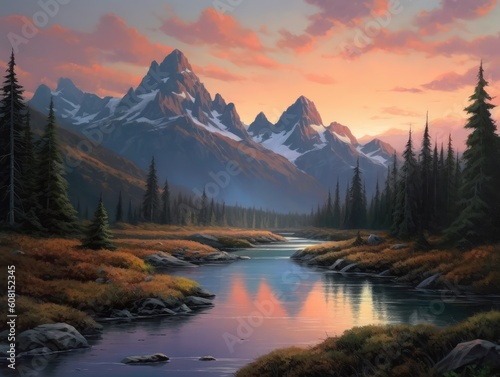 A painting of mountains and a lake with a sunset