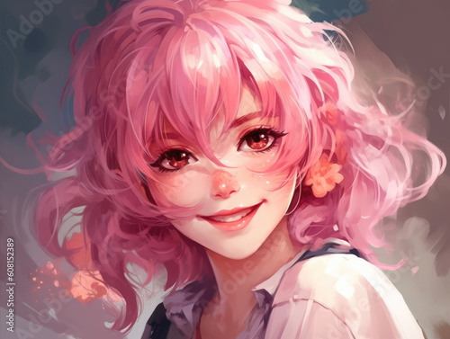Anime girl with pink hair and a smile © Tymofii