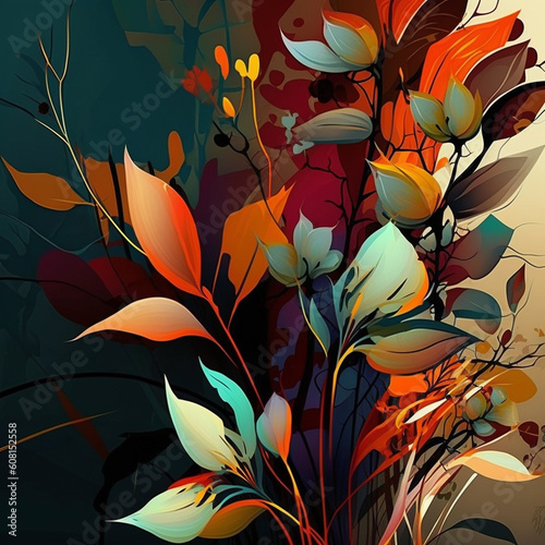 Vibrant art background. Digital generated wallpaper design with flowers.