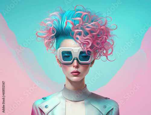 Fashion woman wearing vr glasses with blue and pink hair