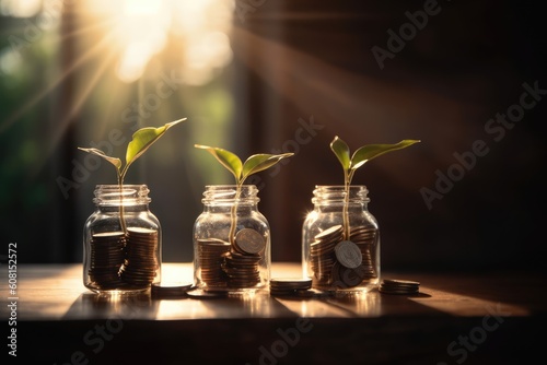 Financial investment concept coins in a jar from which seedlings sprout