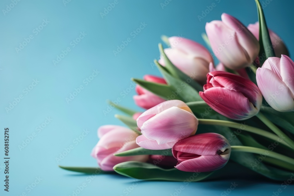 Tulips bouquet on blue and pink background