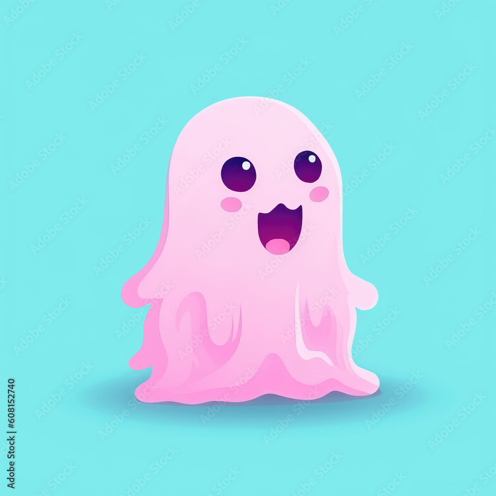 Pink cute ghost character on bright blue background Pink cute ghost character on bright blue background