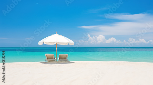 Two sunbeds under a parasol on a tropical empty paradise beach with blue sky, turquoise sea and white sand. Romantic Summer vacation, honeymoon concept. Banner with copy space for text. Generative AI. © salarko