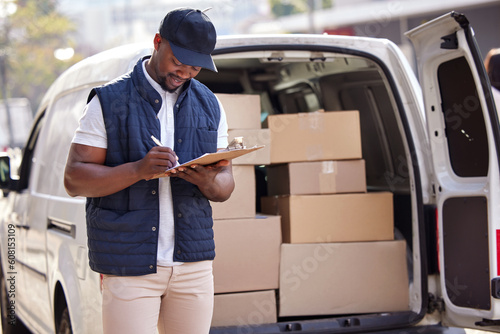 Delivery guy, transport and black man writing on paper outdoor for shipping or courier service. Happy african person or driver with cardboard boxes or package form at van from commercial supplier