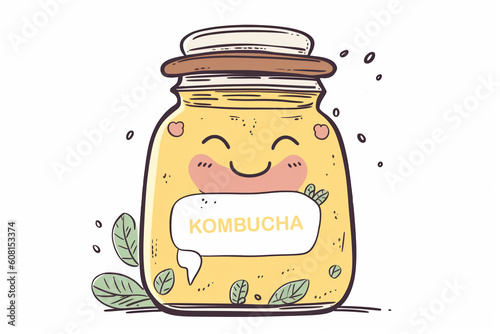 Generative AI. Cute funny kombucha jar character with question mark. Vector flat line cartoon kawaii character illustration icon. Isolated on white background. Kombucha jar character concept