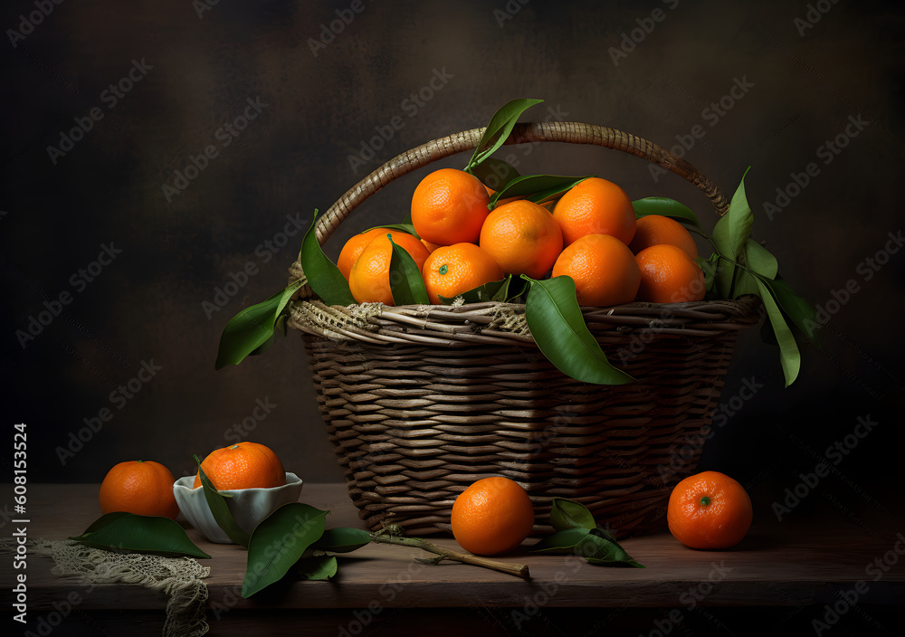 Fresh Oranges and Green Leaves in a Rustic Wooden Basket in dark