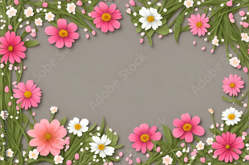 Pink flowers with leaves on a gray background  with space for text. Generative AI