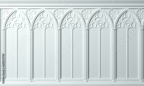 Classic cabinet or castle wall made of gothic wood paneling