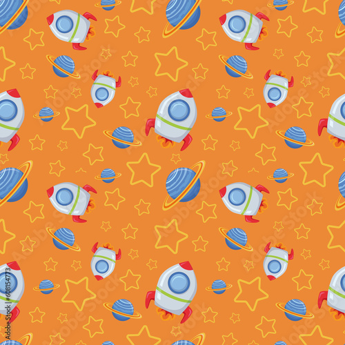 Seamless background with cartoon space rockets, planets, stars, slogans. Childish seamless pattern with spaceship and stars on orange background. Hand-drawn spatial elements seamless background