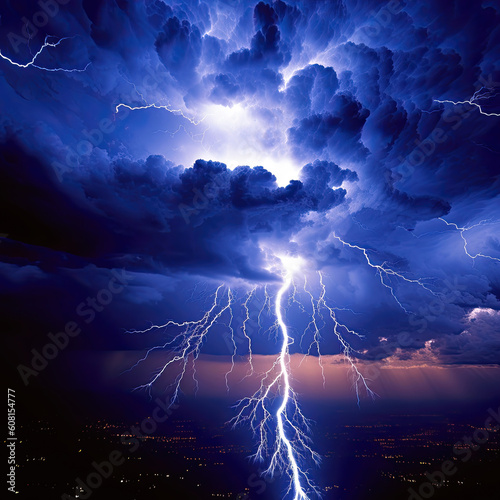 Lightning storm over city. Thunderbolt in a night city landscape. Generative Ai © Andreas