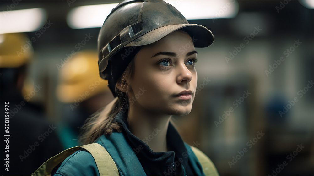 Female worker wearing a hard hat. Generative AI Female worker wearing a hard hat. Generative AI
