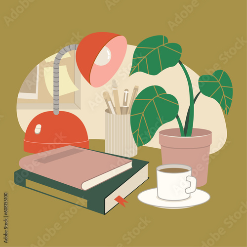 Illustration of Books And Coffee On The Desk (ID: 608155100)