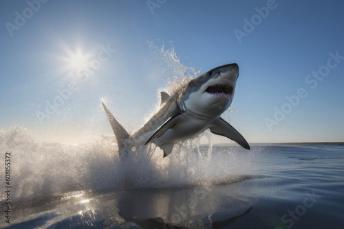 A shark jumping out of the water creates a thrilling image of danger and adrenaline. This action shot in sepia tone is perfect for adventure and tourism themes. AI Generative.