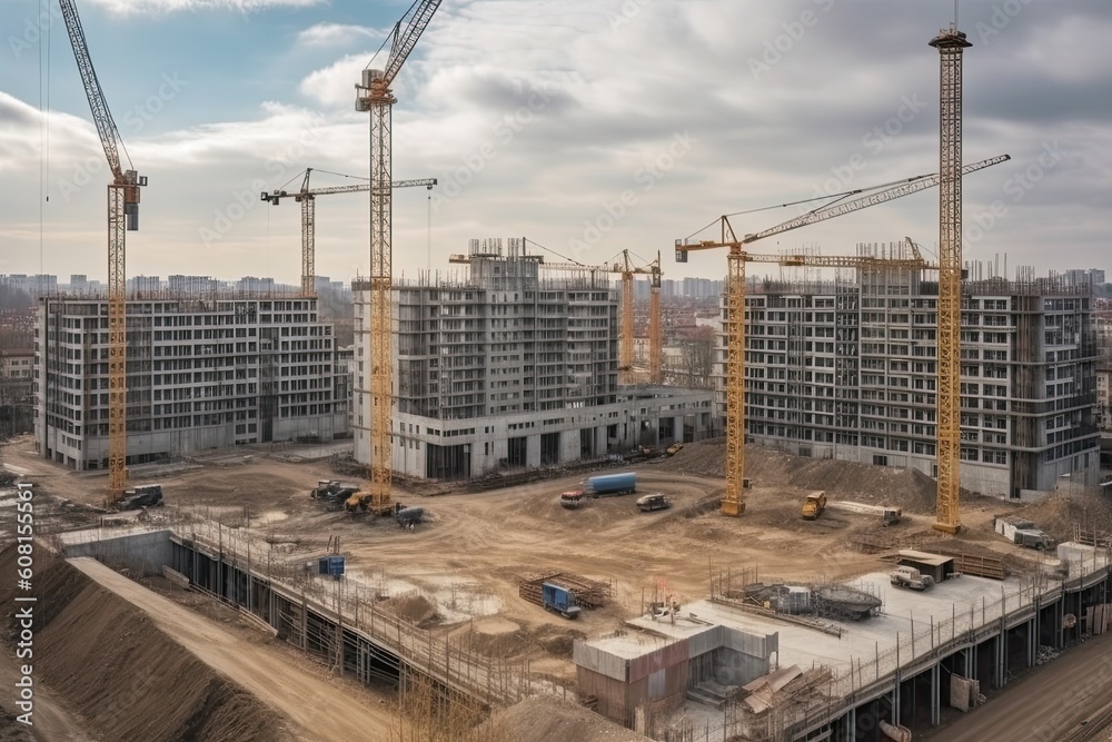 Construction site of new residential complex with cranes and building materials Construction site of new residential complex with cranes and building materials