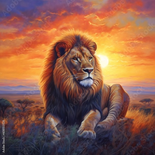 Majestic Lion Silhouetted in the Sunset. Generative AI
