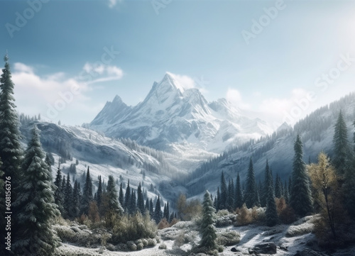 A pristine winter spectacle, featuring snow-capped mountains in their majestic grandeur, standing as silhouettes against the icy blue sky, embodying the silent serenity of the season