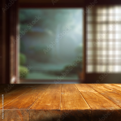 Desk of free space and blurred japan interior with window 