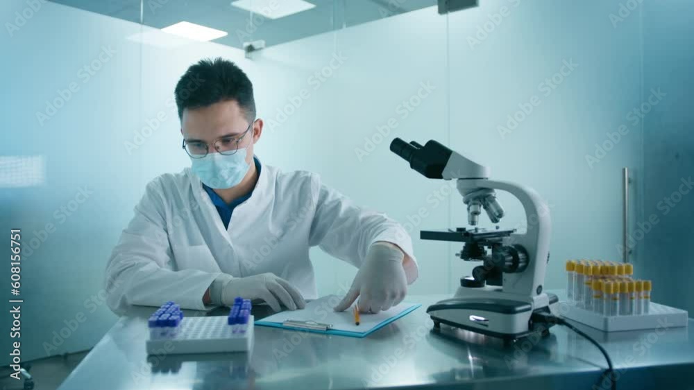 Scientist man working in protective medical mask with lab test tubes. Progressive scientific biotechnology medicine lab. Male scientist looking under microscope in modern medical research laboratory Scientist man working in protective medical mask with lab test tubes. Progressive scientific biotechnology medicine lab. Male scientist looking under microscope in modern medical research laboratory