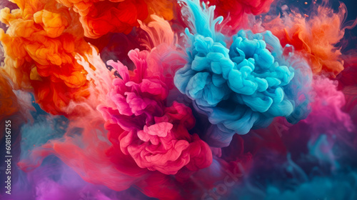 Rainbow color explosion. Colored ink in water. Dreamy colorful mindscape with a colorful flower shapes. Generative AI