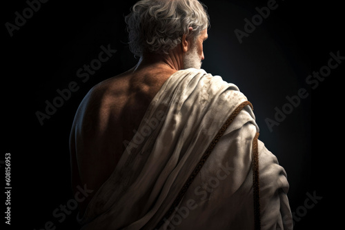 Back view of an ancient Greek or Roman philosopher wearing a toga