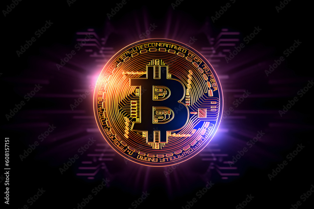 Naklejka premium Cryptocurrency bitcoin, golden coins on blured stock background, Generative AI