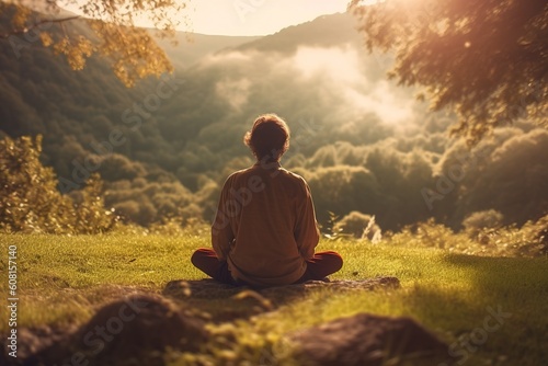 Person die am meditieren ist, wunderschöne Natur zum meditieren im Wald generative ai  © Nico