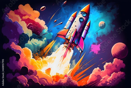 Fototapeta Naklejka Na Ścianę i Meble -  Cartoon spaceship rocket in the galaxy, Generative AI