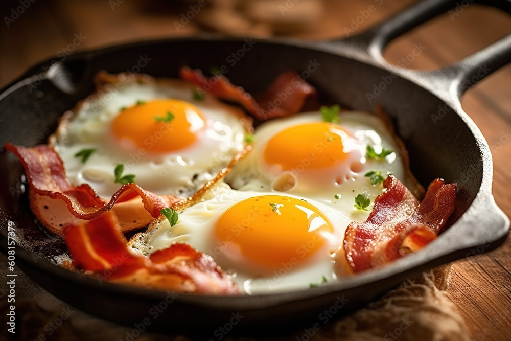 Fried egg in a pan with bacon, beautifully served and decorated generativ ai Fried egg in a pan with bacon, beautifully served and decorated generativ ai