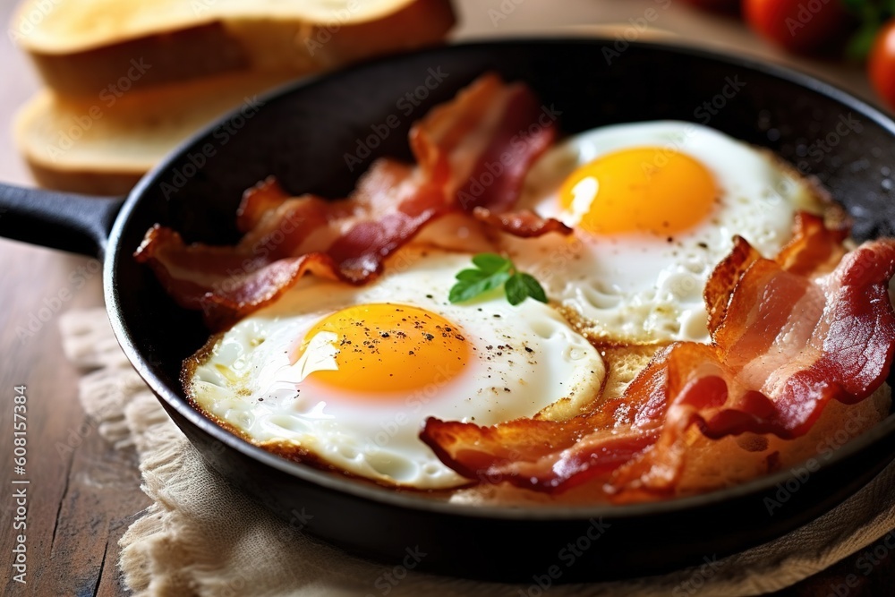Fried egg in a pan with bacon, beautifully served and decorated generativ ai Fried egg in a pan with bacon, beautifully served and decorated generativ ai