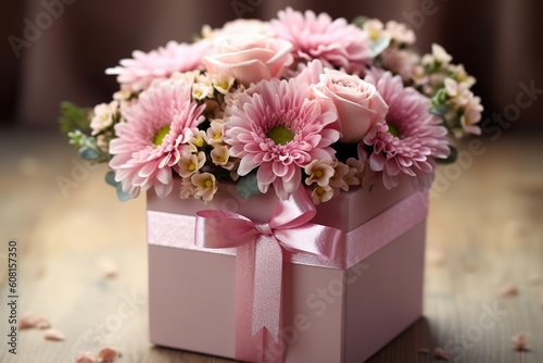 Blumenstrau   als Geschenk in einer Geschenkbox generative Ai