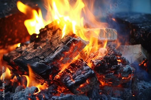 Lagerfeuer mit Holz und Kohle Nahaufnahme generative Ai