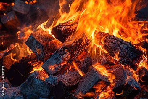 Lagerfeuer mit Holz und Kohle Nahaufnahme generative Ai