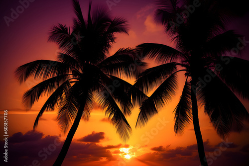 Palms sihouettes on the fantastic sunset, Generative AI © Elena