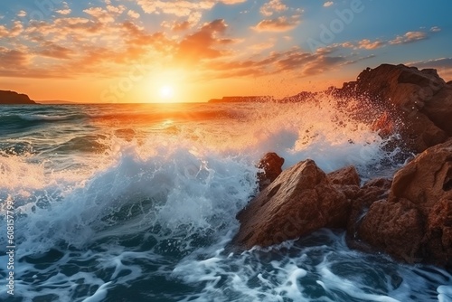 Welle die gegen einen Stand an der Küste schlägt und dabei spritzt, mit Sonnenuntergang im Hintergrund generative Ai