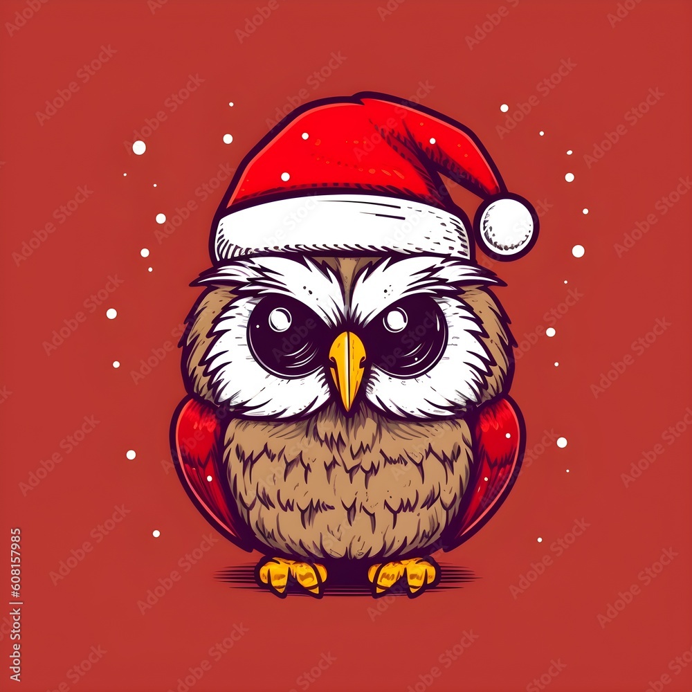 Owl mascot in red santa hat, Generative AI