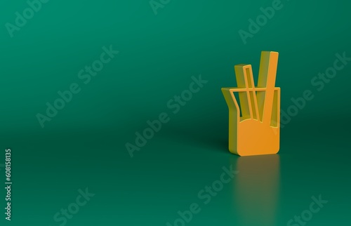 Orange Laboratory glassware or beaker icon isolated on green background. Minimalism concept. 3D render illustration