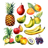 Set of fruits, water colors, color full fruits with white back ground.
