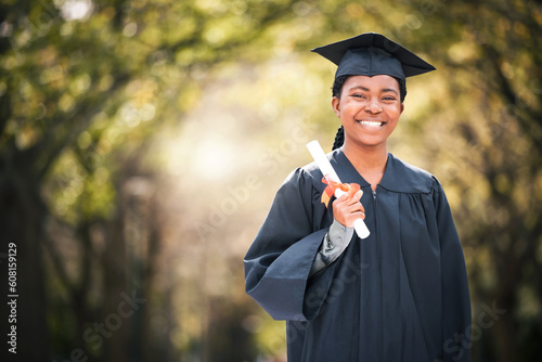 Portrait, mockup or certificate with a graduate black woman on university campus at a scholarship event. Education, smile or degree with a happy female student standing outdoor for college graduation