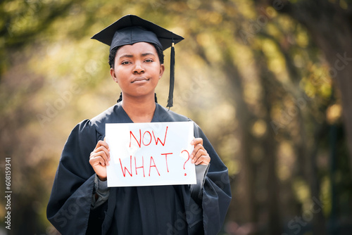 Portrait, graduation or poster with a black woman in doubt as a student at a university event. Confused, question and a female college graduate standing on campus asking what now after scholarship