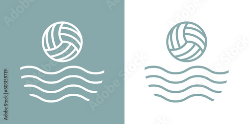 Logo club de voleibol de playa. Silueta de pelota de voleibol de playa lineal con olas de mar