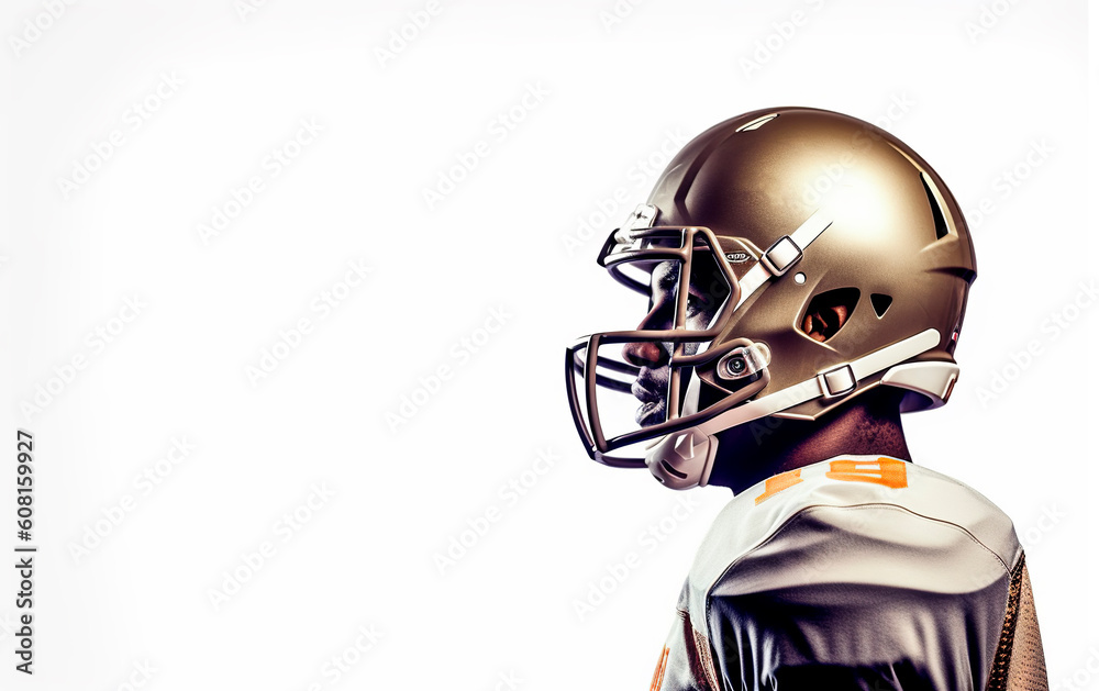 An American football player stands on the right wearing a golden helmet and jersey. The player is in profile. White background with space for text. Generative Ai An American football player stands on the right wearing a golden helmet and jersey. The player is in profile. White background with space for text. Generative Ai